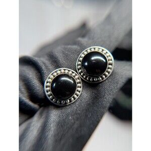 FAS 925 Sterling Silver Black Onyx Stud Earrings Round Beaded Halo 5/8”